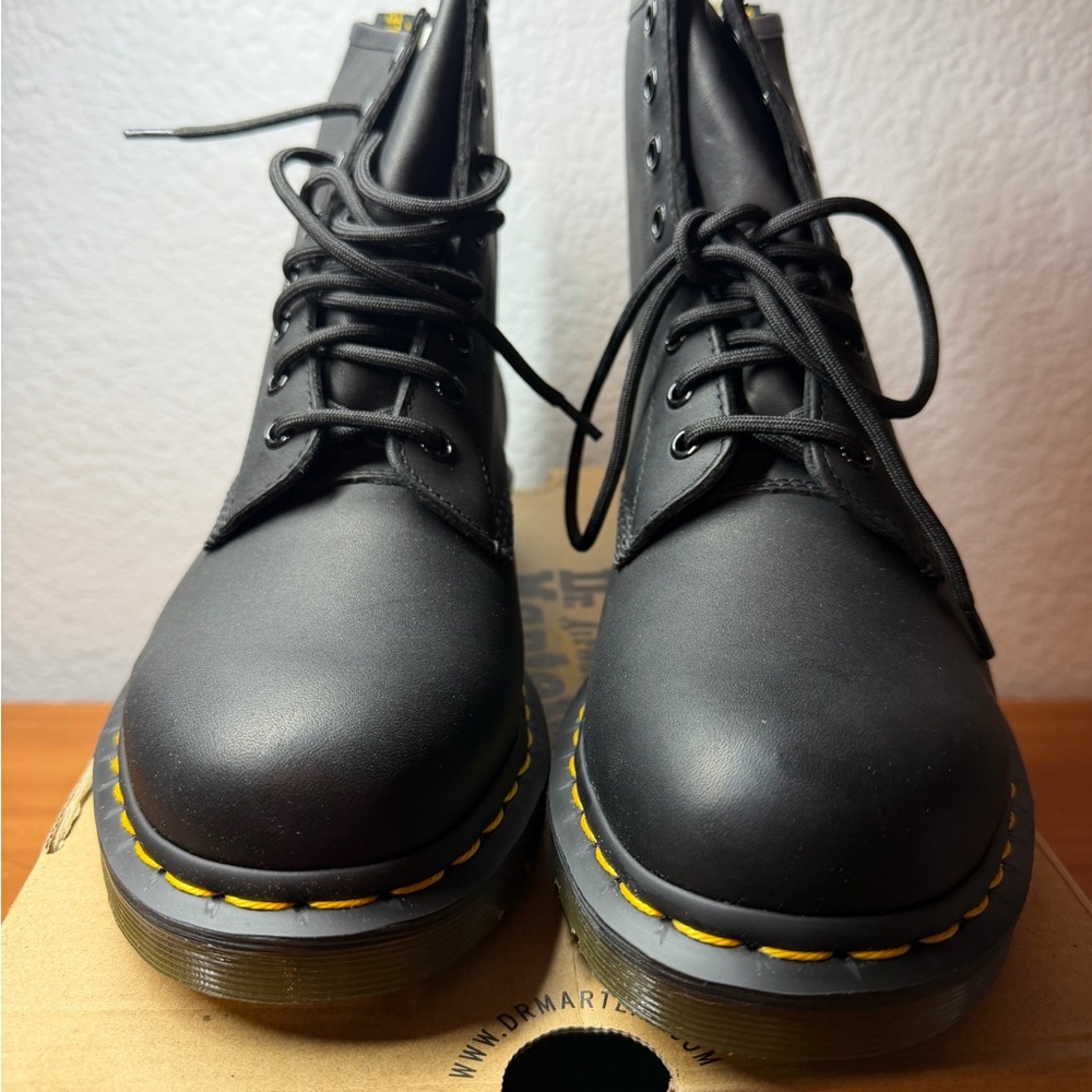 Dr. Martens Black Leather Boots with Yellow Stitching